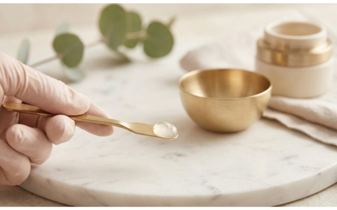 Gloved hand holding dental spatula with clear gel on white tile surface