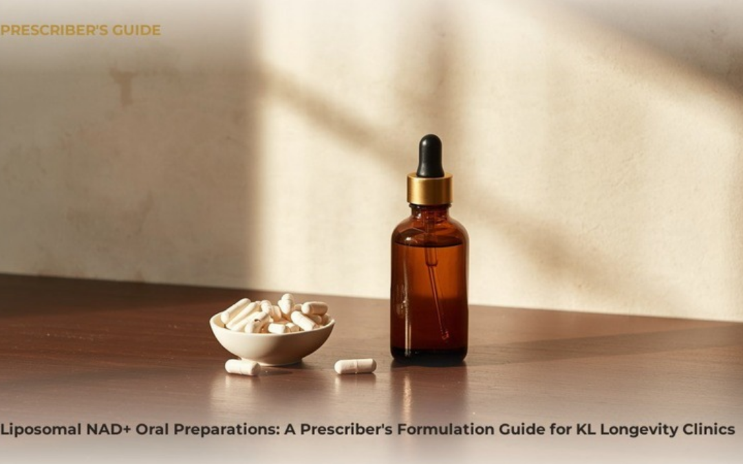 Amber glass bottle with dropper and capsule shells on dark wood surface representing liposomal NAD+ oral preparations