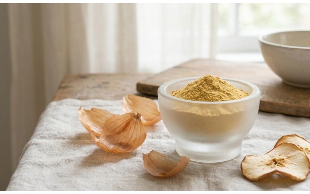 Fine golden quercetin powder in a glass mortar with onion skins and apple slices on a linen surface — representing liposomal quercetin formulation