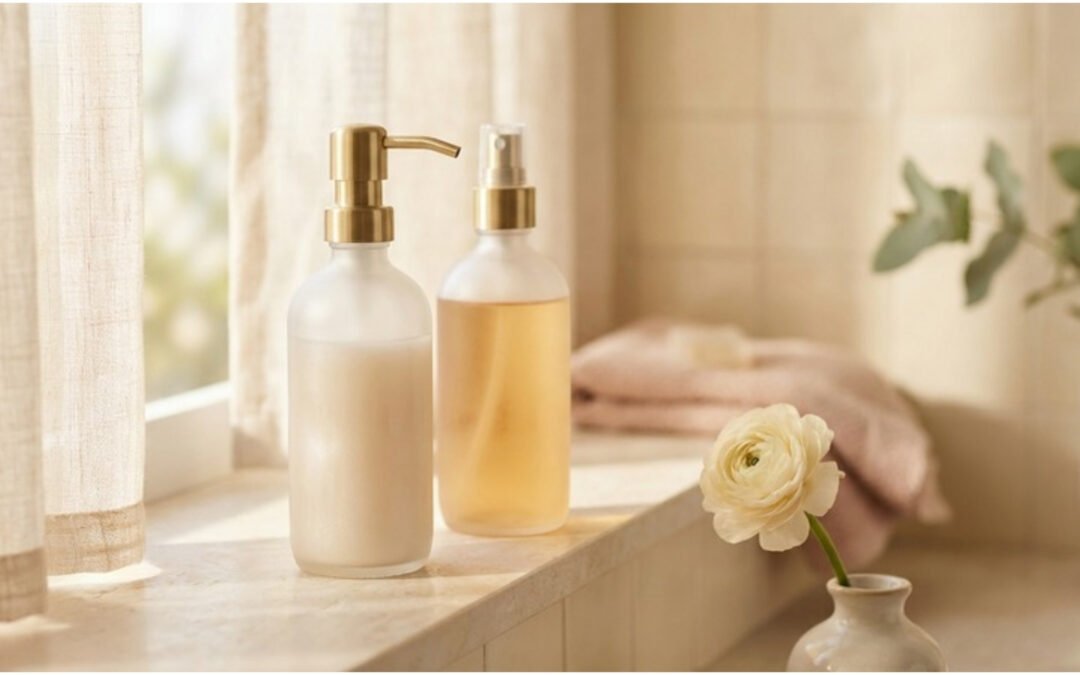 Two unlabelled glass dispensing bottles on a pale stone shelf, one with pump and one with spray nozzle
