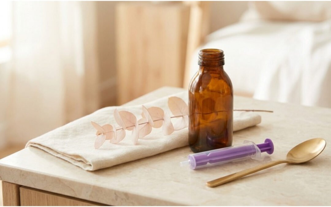 Amber glass bottle with oral dosing syringe on cream marble surface