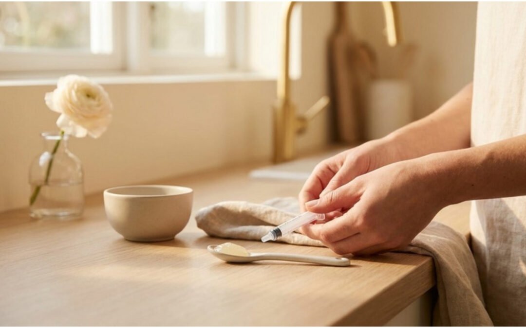 Parent's hands holding oral dosing syringe beside a spoon with gel on a wooden kitchen counter