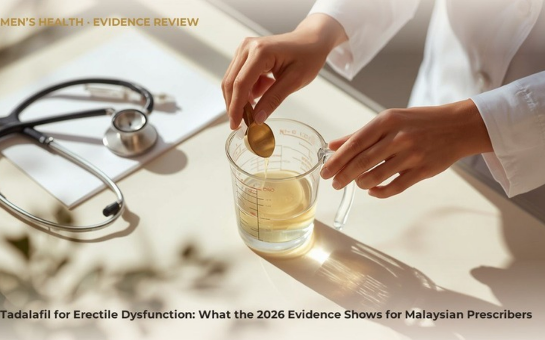 A clinic desk with a glass measuring jug and a stethoscope, for a prescriber evidence review on tadalafil and erectile dysfunction