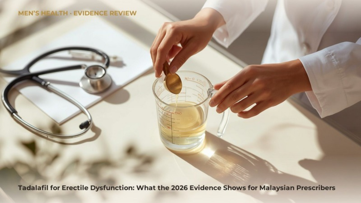 A clinic desk with a glass measuring jug and a stethoscope, illustrating a prescriber evidence review on tadalafil for erectile dysfunction